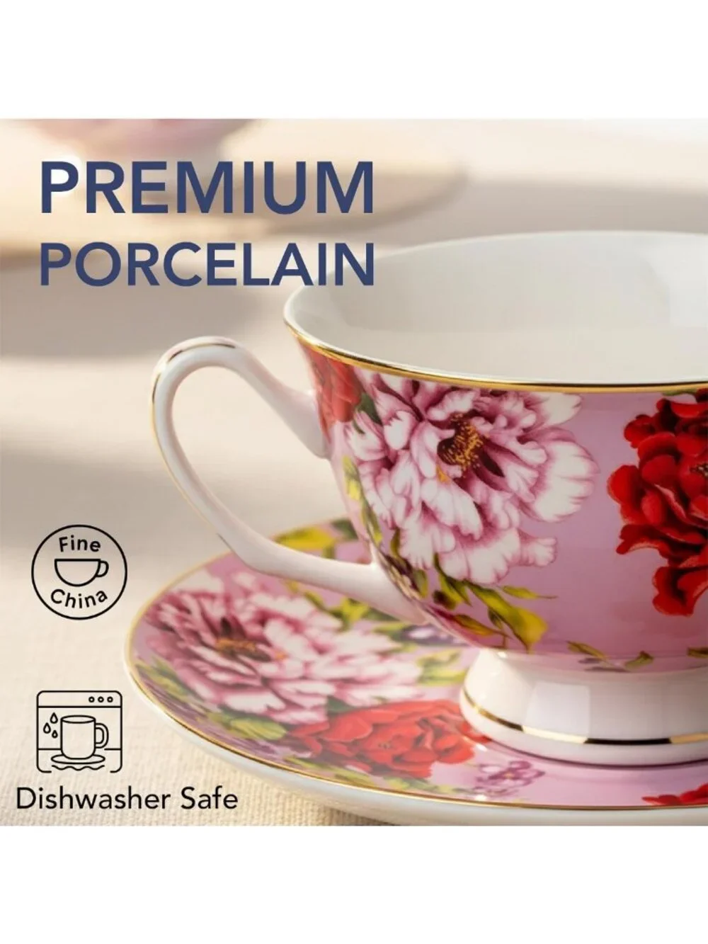 Floral Porcelain Tea Cups & Saucers Set of 6 | 8 oz, Gold Trim, Dishwasher Safe